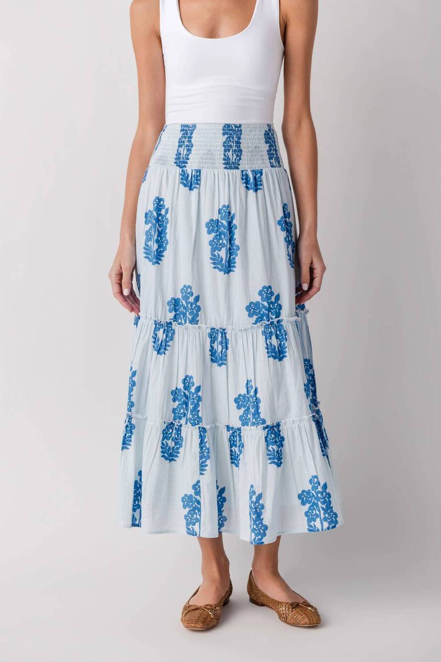 NEW THML women's smocked waist floral long skirt in white